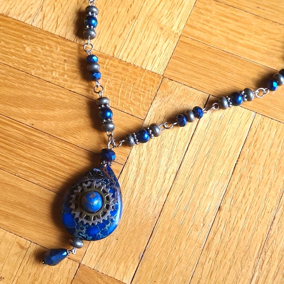Handmade Steampunk Blue Imperial Jasper Teardrop Necklace and Earrings - Picture 2 of 12